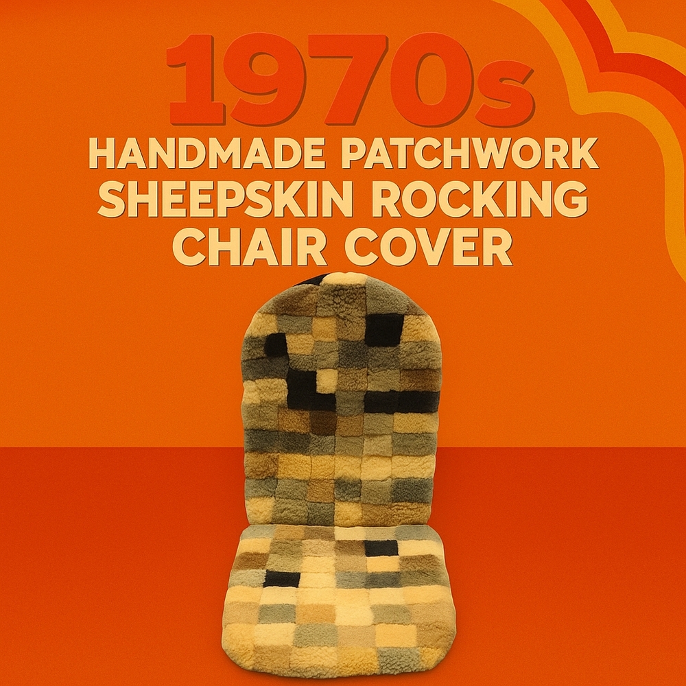 Rare 1970s Handmade Sheepskin Patchwork Rocking Chair Cushion Cover – Retro Mid-
